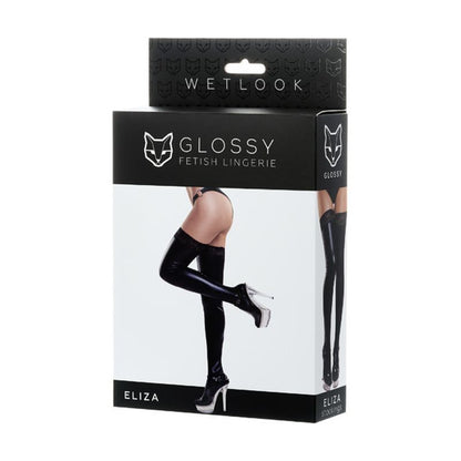 Eliza Glossy Wetlook Stockings with Lace Insert - Black