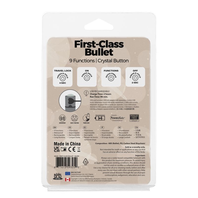 Premium 2.5-Inch First Class Bullet - Rechargeable with Crystal - Gunmetal Silver