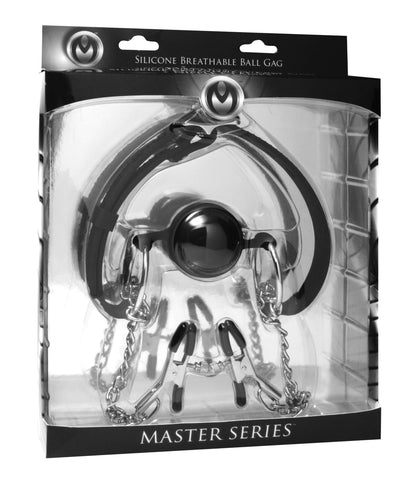 Master Series Hinder Breathable Silicone Ball Gag with Nipple Clamps