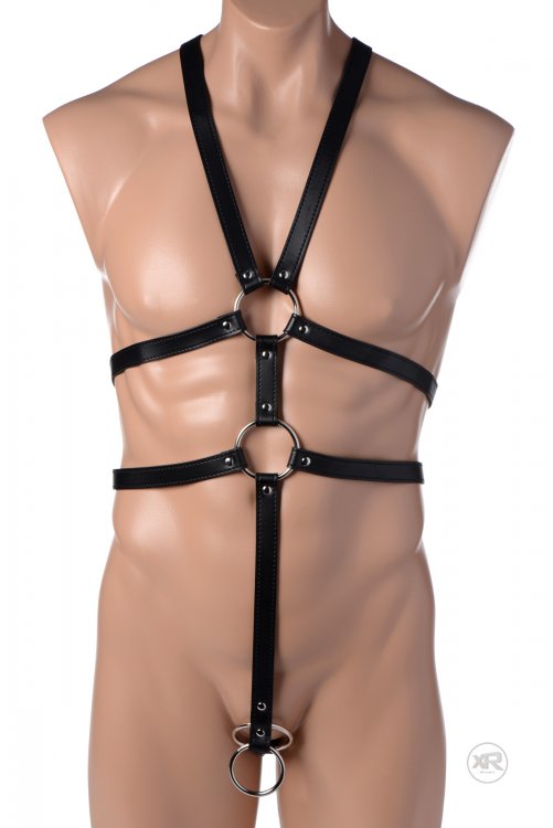 Strict Men's Full-Body Bondage Harness with Dual Cock Rings