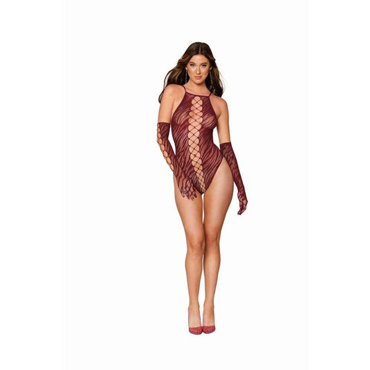 Dreamgirl Zebra Fishnet Teddy with Gloves - Burgundy