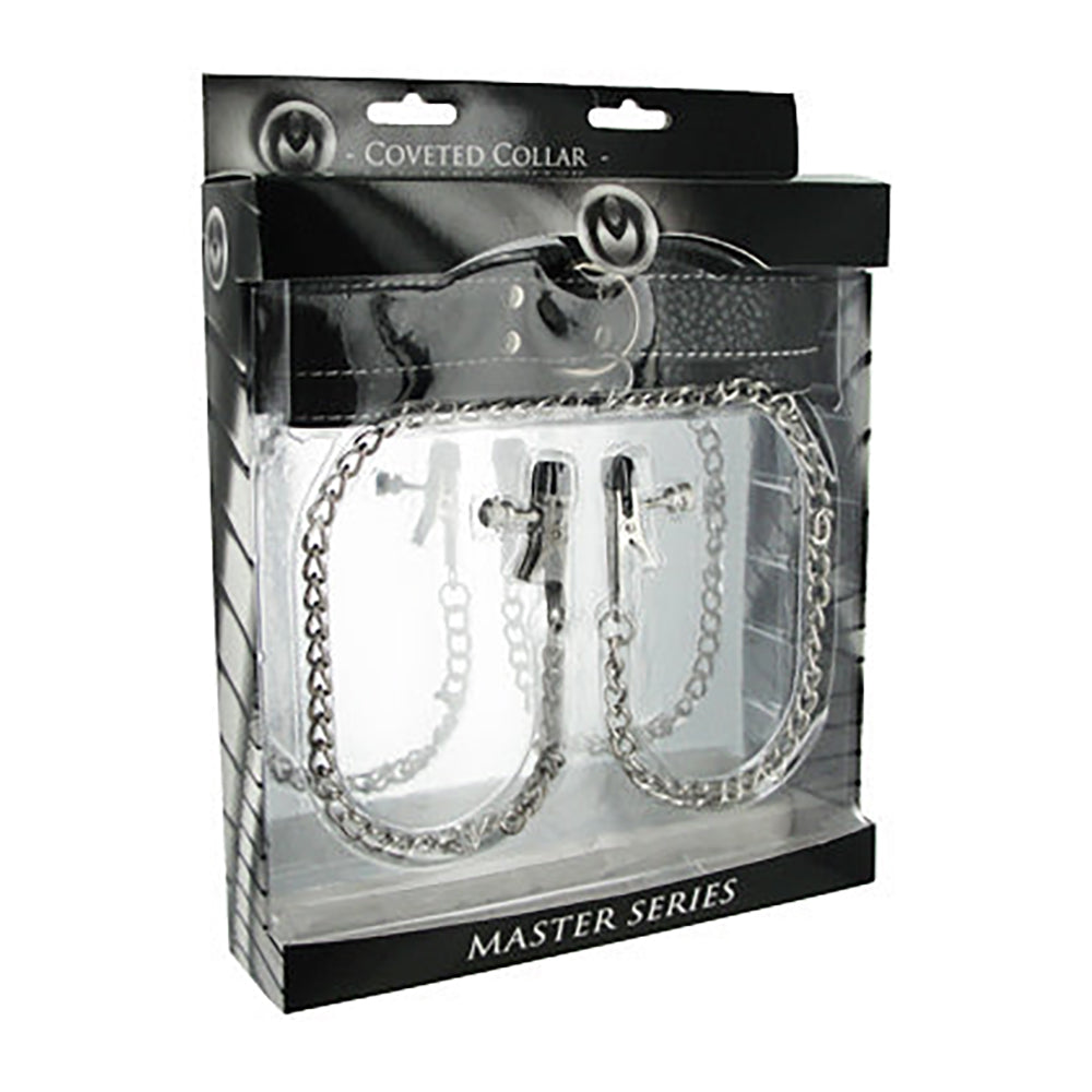 Master Series BDSM Collar & Clamp Set - Leather & Chains