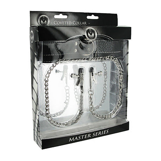 Master Series BDSM Collar & Clamp Set - Leather & Chains