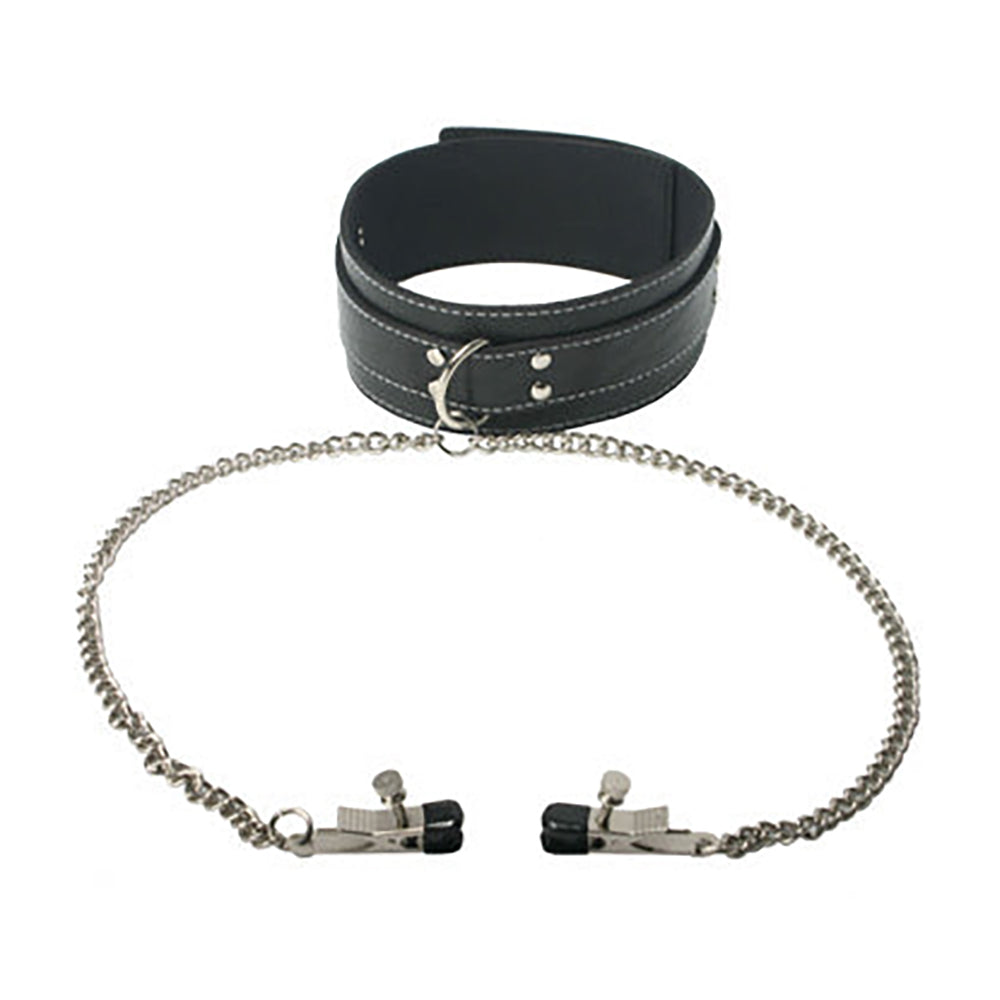 Master Series BDSM Collar & Clamp Set - Leather & Chains