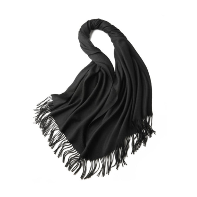 100% Merino Wool Shawl Scarf 70 x 200 cm - Soft, Cozy, Elegant Tassels - Black - SuperSaverAU - view 1