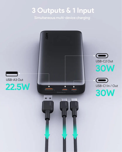Aukey Power Bank 20000mAh - 30W with Triple Charging Ports