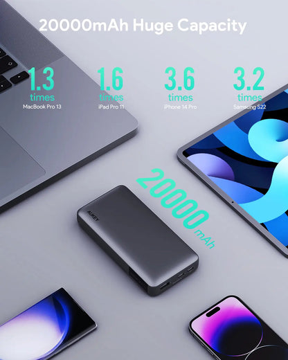 Aukey Power Bank 20000mAh - 30W with Triple Charging Ports