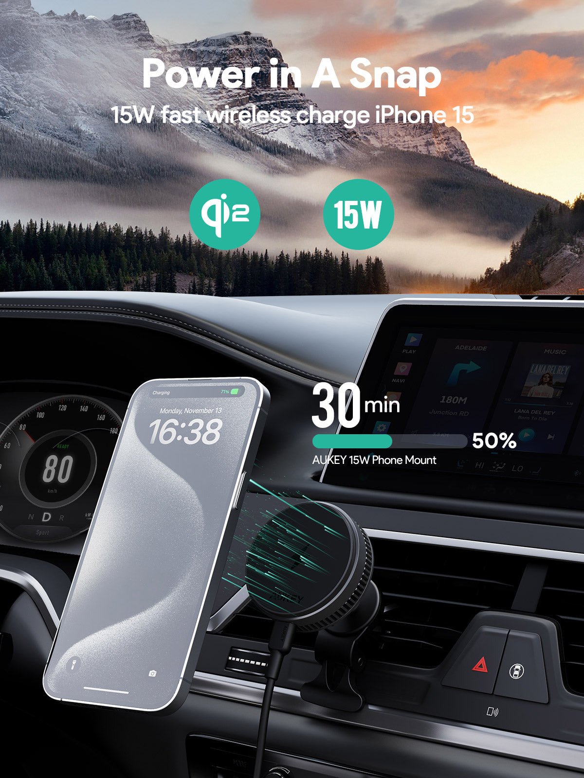 Aukey 15W MagSafe Wireless Car Charger with Active Cooling