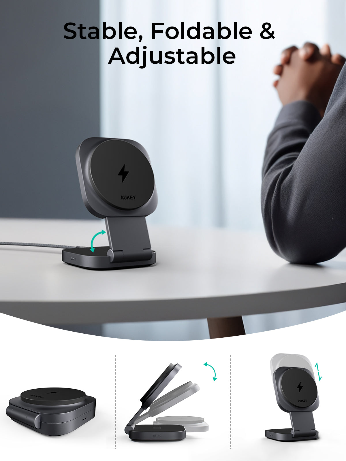 Aukey Foldable 2-in-1 Magnetic Wireless Charger - Qi2 Technology