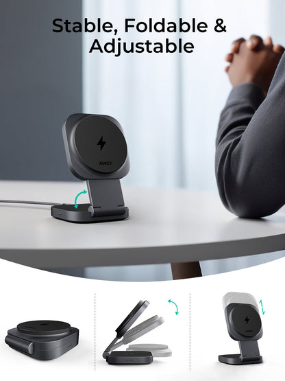 Aukey Foldable 2-in-1 Magnetic Wireless Charger - Qi2 Technology
