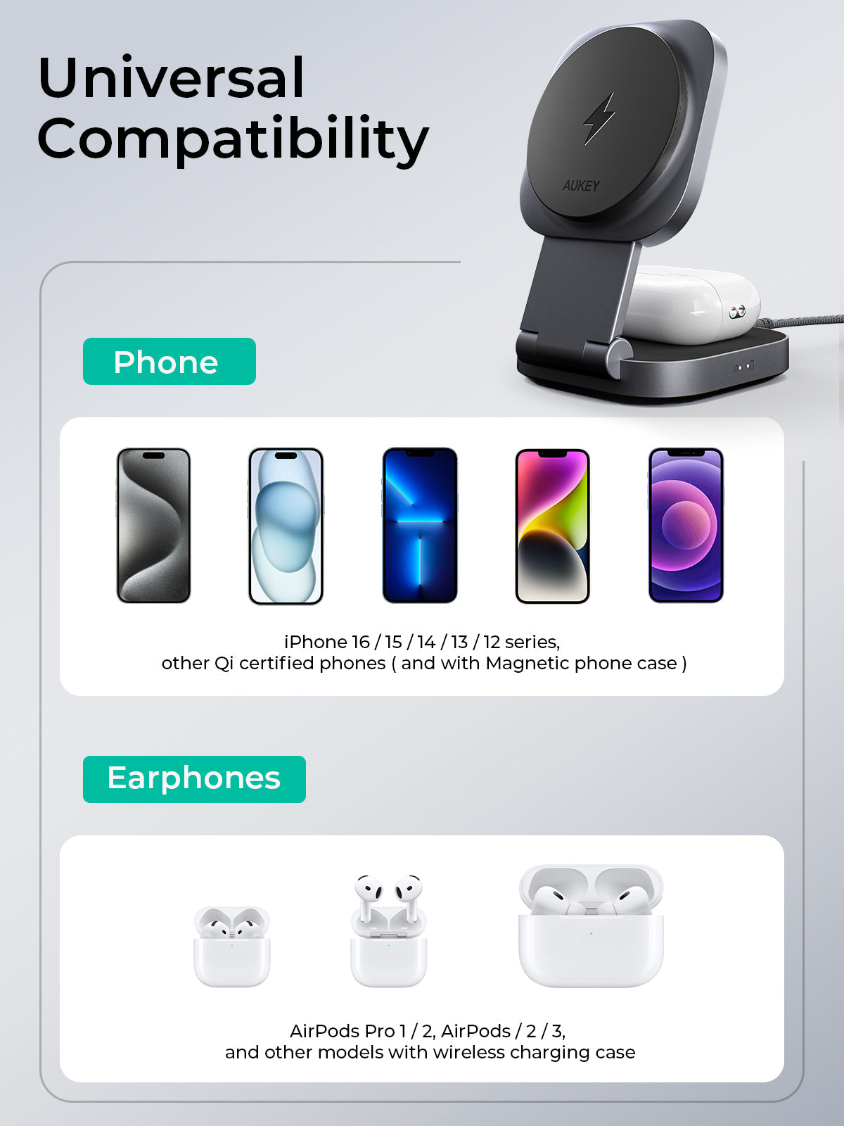 Aukey Foldable 2-in-1 Magnetic Wireless Charger - Qi2 Technology
