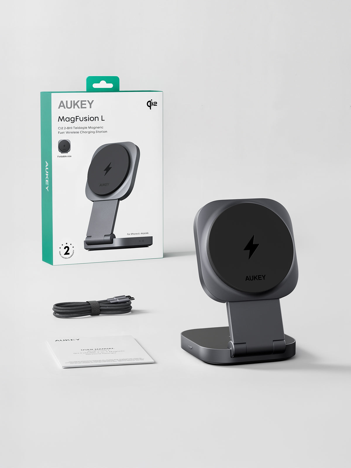 Aukey Foldable 2-in-1 Magnetic Wireless Charger - Qi2 Technology
