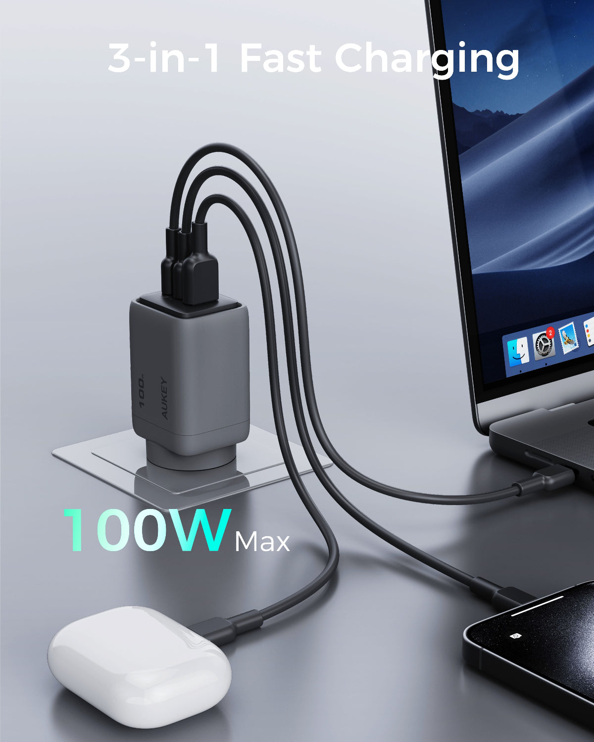 Aukey Comet 100W PD GaN USB-C Wall Charger with 1.8m Cable - SuperSaverAU - view 2