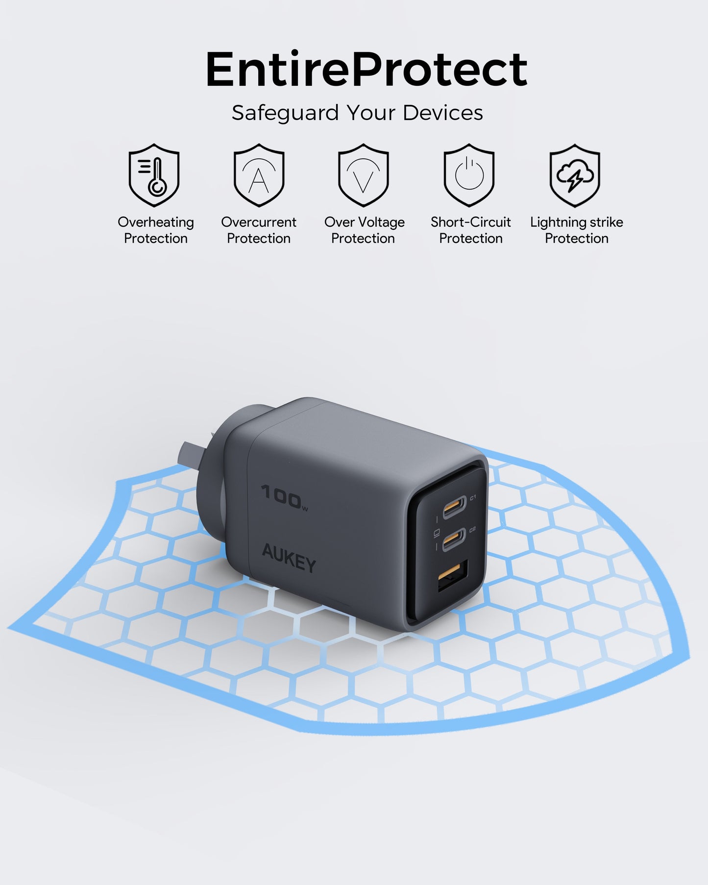 Aukey Comet 100W PD GaN USB-C Wall Charger with 1.8m Cable