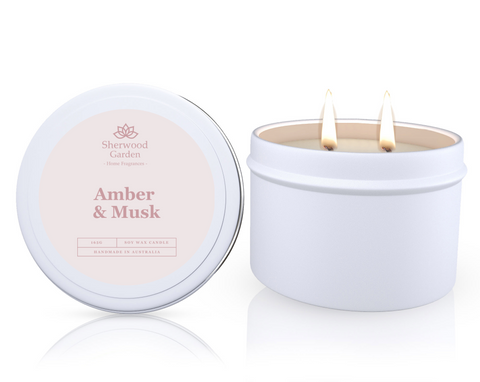 Amber & Musk Soy Candle Tin 165g - Handmade, Natural, 25hrs+ Burn Time - SuperSaverAU - view 1