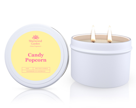 Candy Popcorn Soy Candle Tin 165g - Handmade, Sweet Fragrance, 25hrs+ Burn Time - SuperSaverAU - view 1