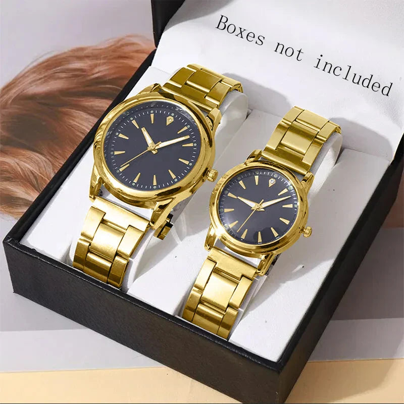 Premium 2 Pack Couple Quartz Analog Watches Set Gold Black