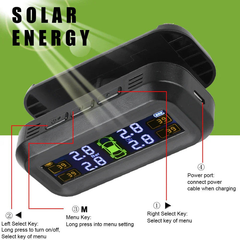Premium Wireless Tyre Pressure Monitoring System with Solar & USB Charging