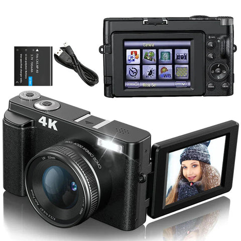 Premium Black 4K Digital Camera with Autofocus Anti Shake and Flip Screen