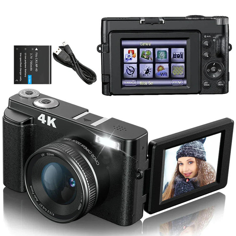 Premium Black 4K Digital Camera with Autofocus Anti Shake and Flip Screen