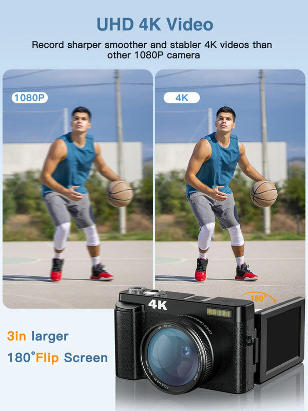 Premium Black 4K Digital Camera with Autofocus Anti Shake and Flip Screen