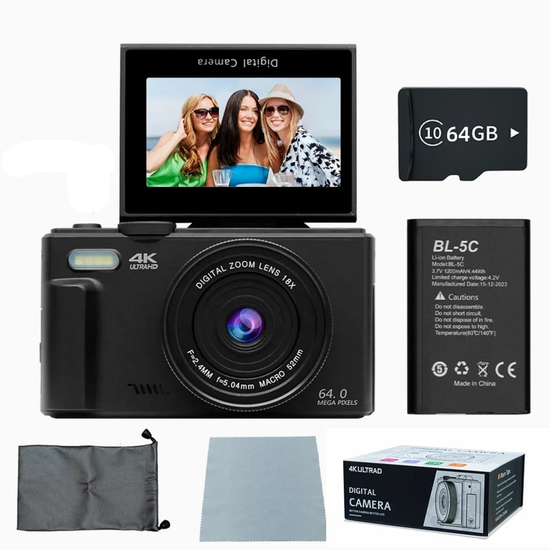 Premium Black 4K 64MP Vlogging Digital Camera with 64GB Card