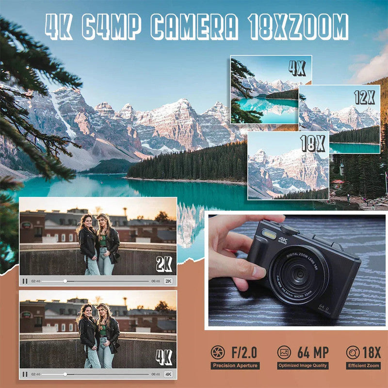 Premium Black 4K 64MP Vlogging Digital Camera with 64GB Card