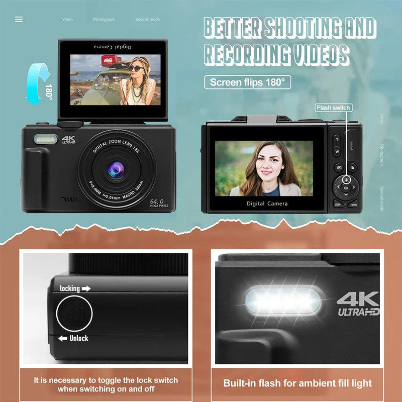Premium Black 4K 64MP Vlogging Digital Camera with 64GB Card