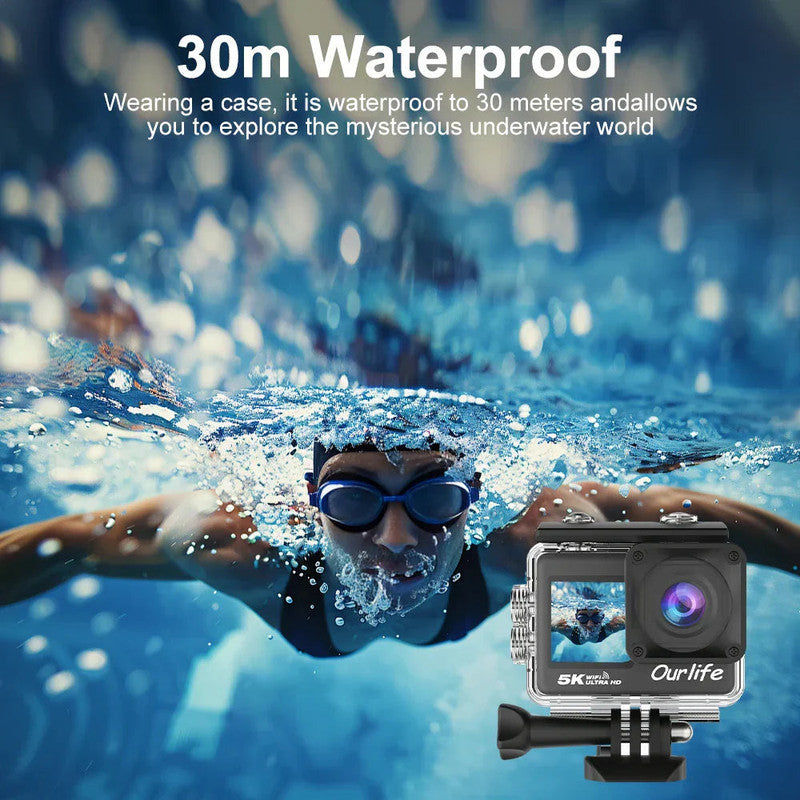 Premium Black 5K Waterproof Action Camera with Touchscreen and 64GB Card