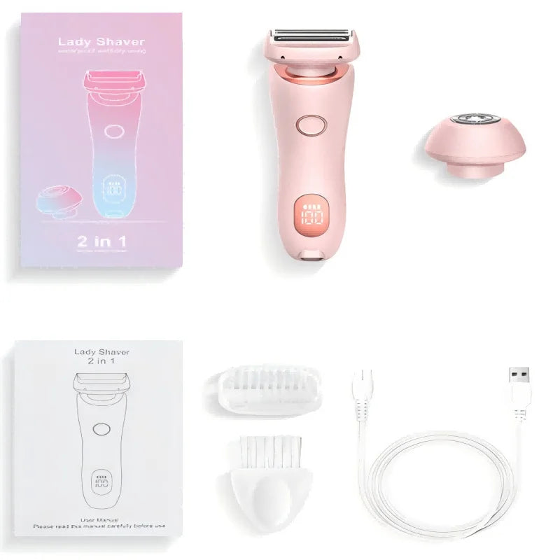 Pink 2 in 1 Waterproof Electric Shaver USB Rechargeable Hair Removal Groomer