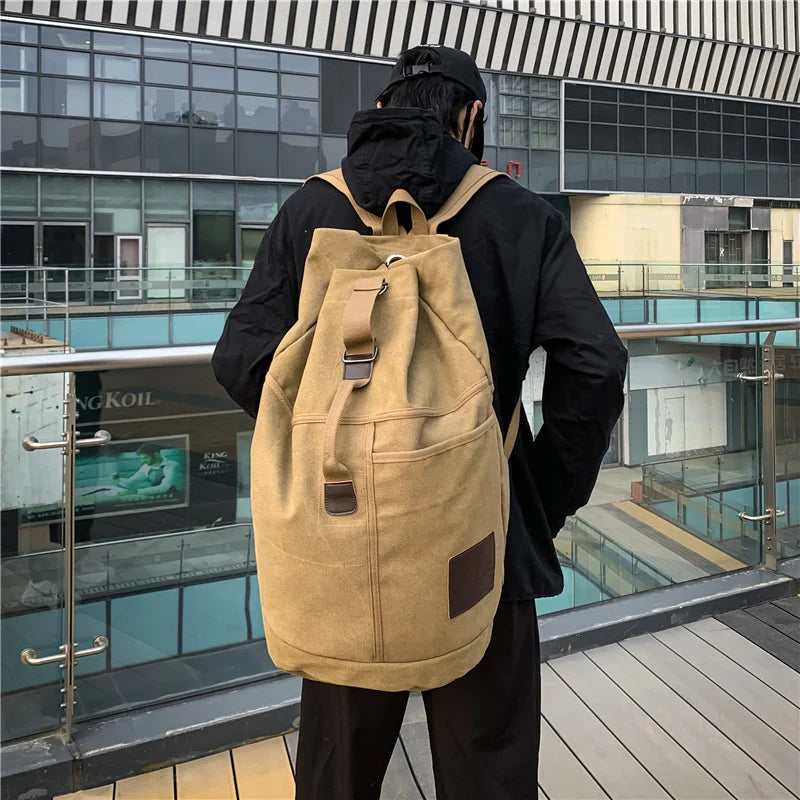 Premium Canvas Travel Backpack – Khaki Bucket Design 33 x 55 x 33cm