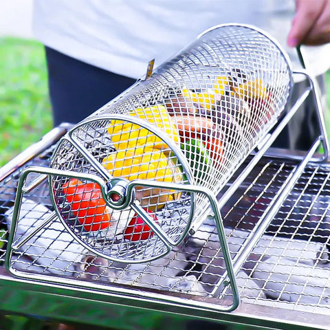 Premium 12 Inch Stainless Steel Rolling BBQ Grill Mesh Rotisserie Basket