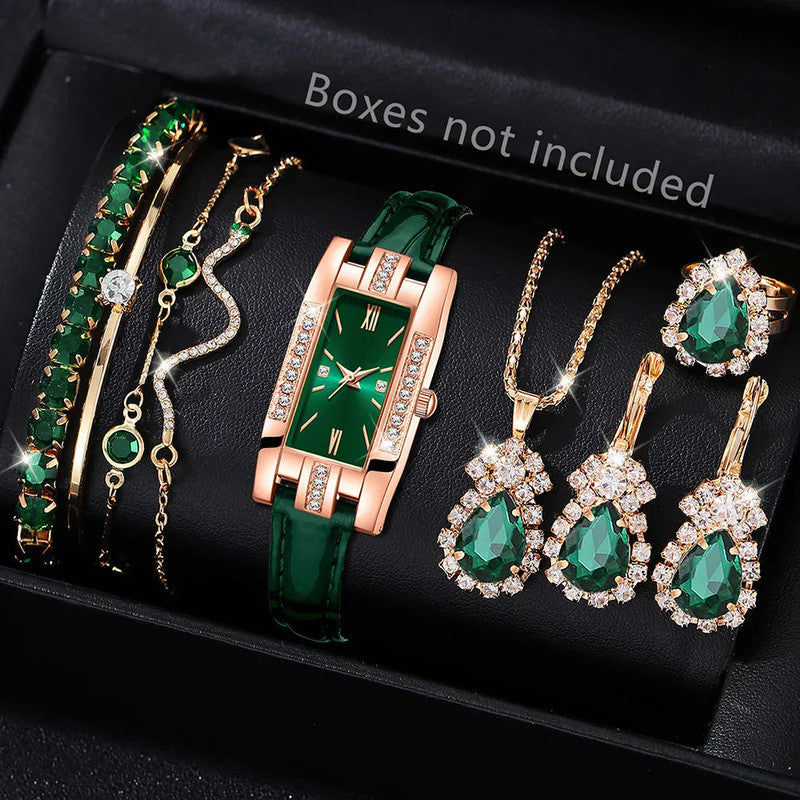 Premium Women's Green Quartz Watch and Jewellery Gift Set 9 Piece