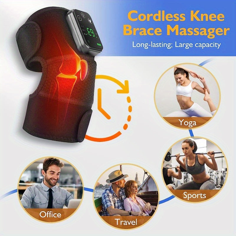 Black USB Heated Knee Pad with Massage Function 3 Heat Settings and Extension Straps