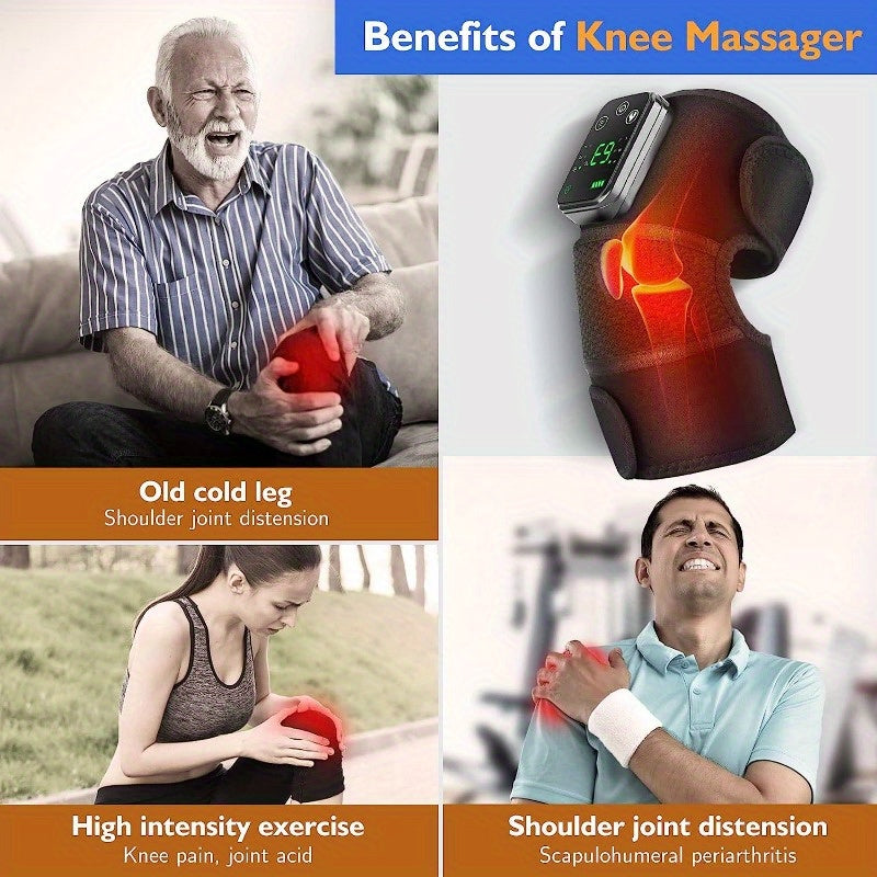 Black USB Heated Knee Pad with Massage Function 3 Heat Settings and Extension Straps