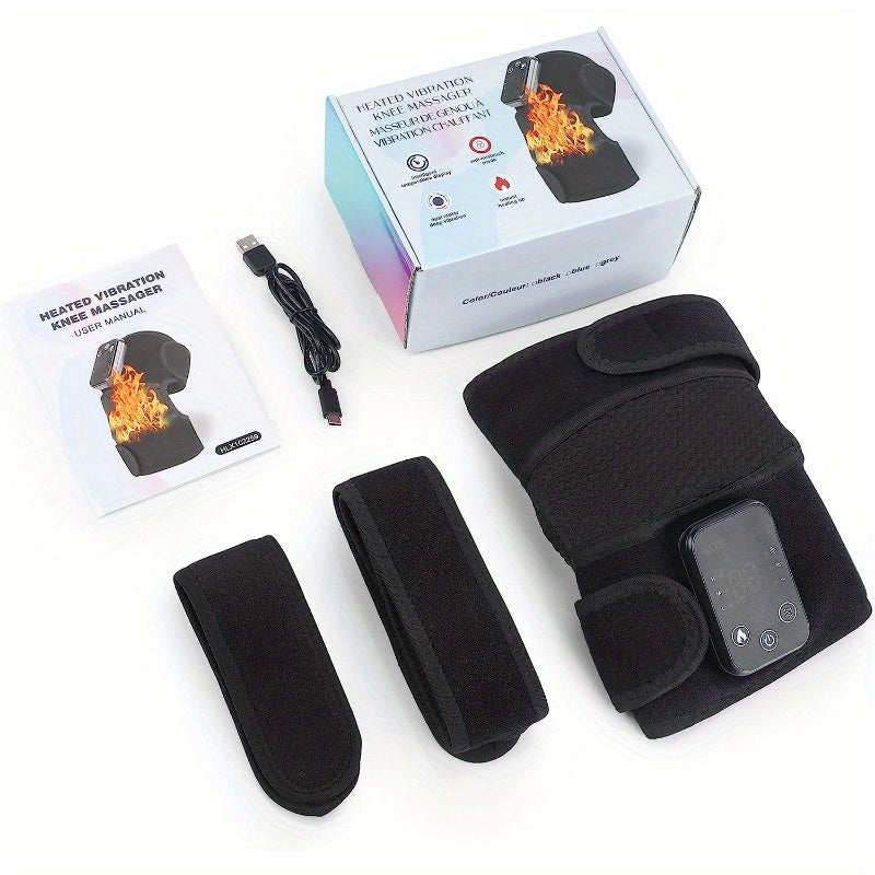 Black USB Heated Knee Pad with Massage Function 3 Heat Settings and Extension Straps