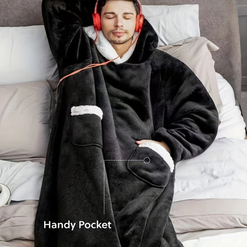 Premium Flannel Hooded TV Blanket – Black 120 x 78cm Winter Throw