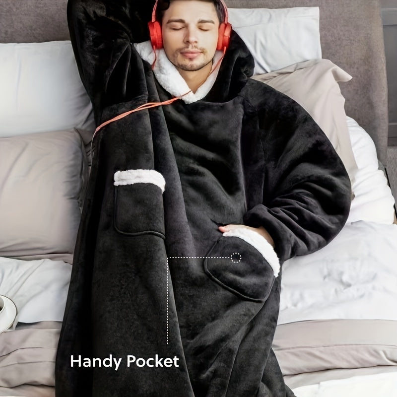 Premium Flannel Hooded TV Blanket – Black 120 x 78cm Winter Throw