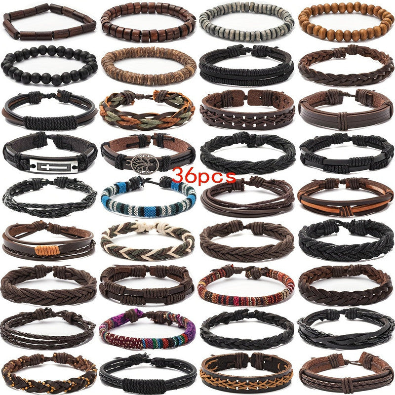 Premium Men's Vintage PU Leather Bracelet Set 36 Pieces