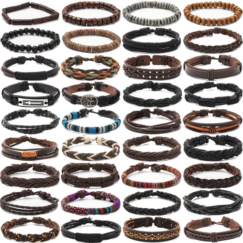Premium Men's Vintage PU Leather Bracelet Set 36 Pieces
