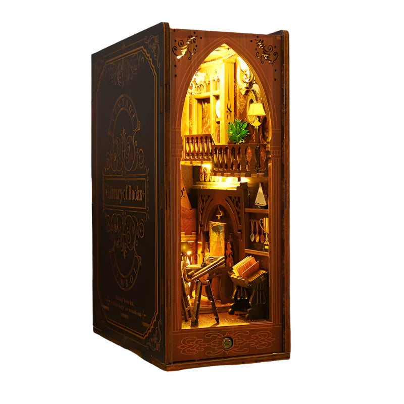 3D Miniature DIY Wooden Bookshelf Bookend Scene with LED Light Home Decor