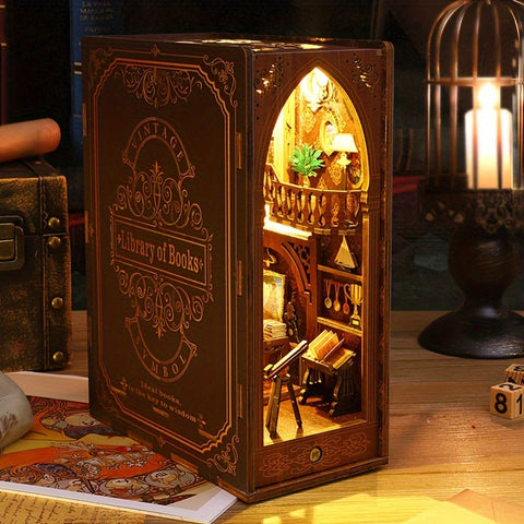 3D Miniature DIY Wooden Bookshelf Bookend Scene with LED Light Home Decor