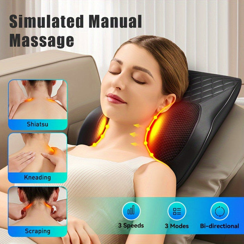 Grey Heated Neck and Back Massager Pillow with 3D Kneading and USB Charging