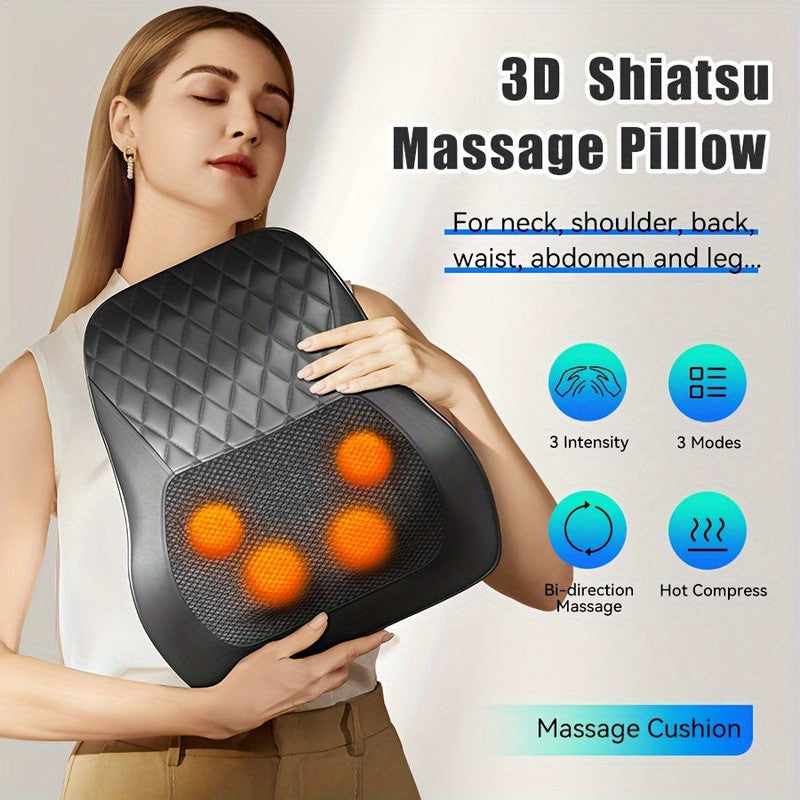 Grey Heated Neck and Back Massager Pillow with 3D Kneading and USB Charging