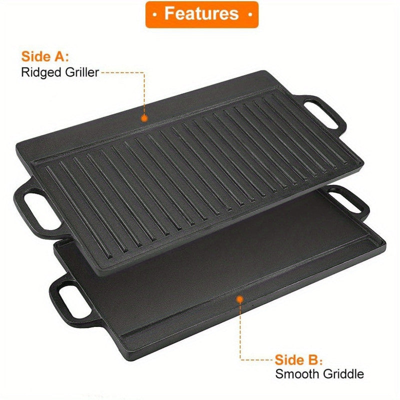 Premium Cast Iron Double-Sided Griddle Pan – Black 50.5 x 23.5cm, Flat & Ridged