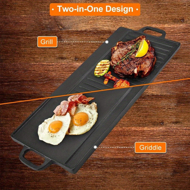 Premium Cast Iron Double-Sided Griddle Pan – Black 50.5 x 23.5cm, Flat & Ridged