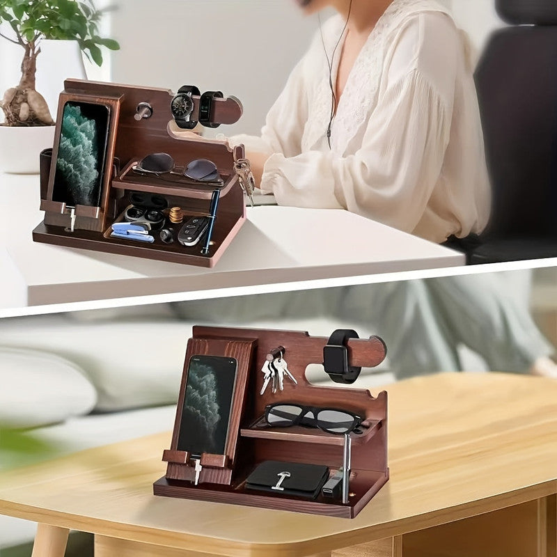 Premium Wooden Desk Organiser – Walnut Phone Docking Station