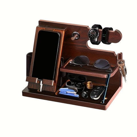 Premium Wooden Desk Organiser – Walnut Phone Docking Station