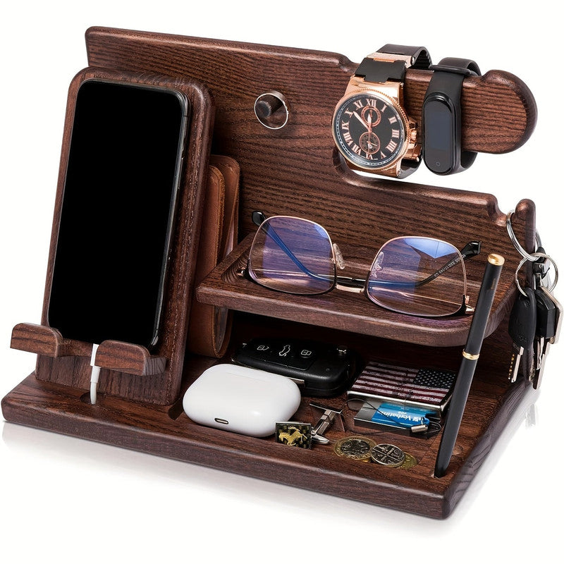 Premium Wooden Desk Organiser – Walnut Phone Docking Station