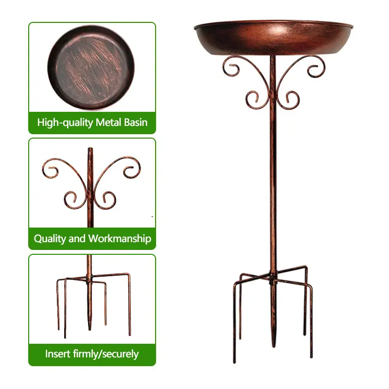 Premium Vintage Metal Bird Bath with Pedestal Stand - Copper